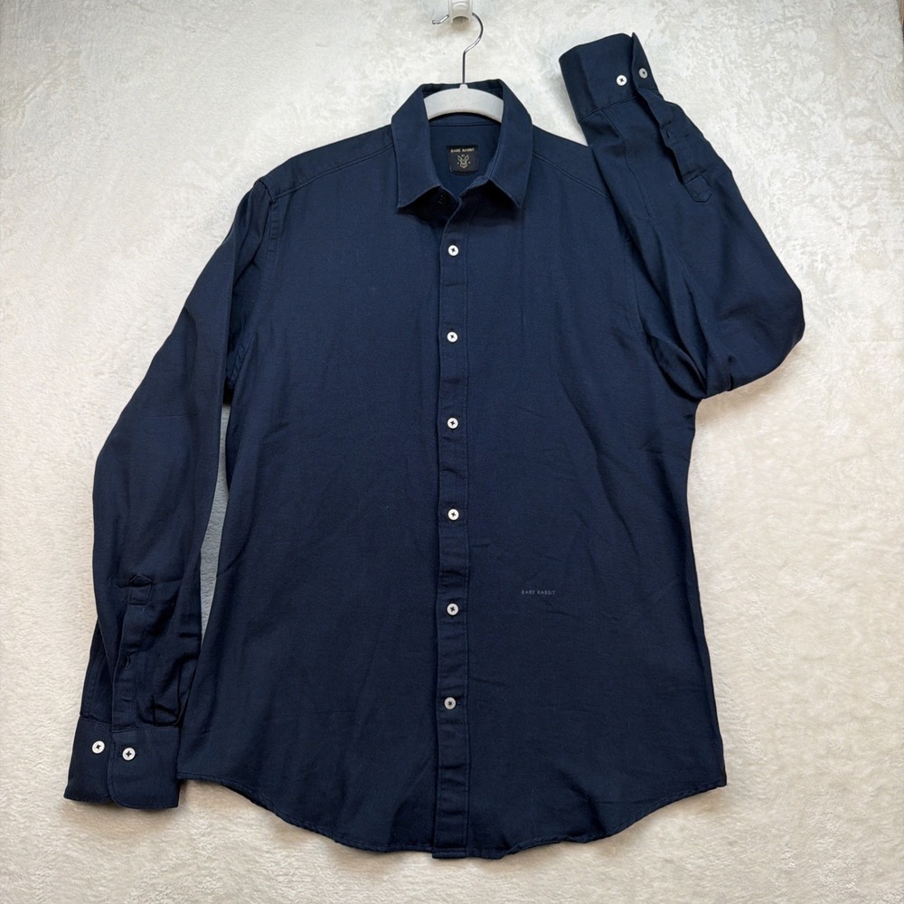 Rare Rabbit Shirt Men's Small Navy‎ Button Up Slim Stretch Minimalist Casual